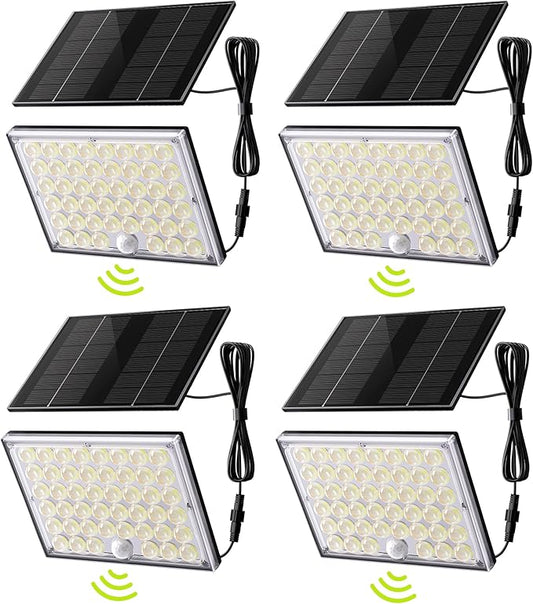 JACKYLED Motion Sensor Solar Lights Outdoor, 16.4ft Cord Security Wall Flood Light Solar Powered Gen2 Light Focus LED with Lenses Cool White Light IP65 Waterproof for Porch Backyard Barn Shed, 4-Pack