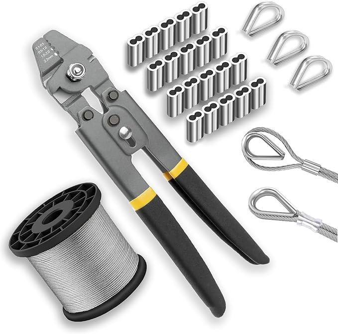 Wire Rope Crimping Tool Kit,165FT Wire Rope Kit,1/16" Stainless Steel Cable with 150PCS Aluminum Crimping Loop Sleeve, 20Pcs Wire Rope Thimble