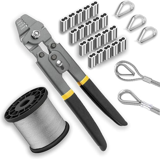 Wire Rope Crimping Tool Kit,165FT Wire Rope Kit,1/16" Stainless Steel Cable with 150PCS Aluminum Crimping Loop Sleeve, 20Pcs Wire Rope Thimble