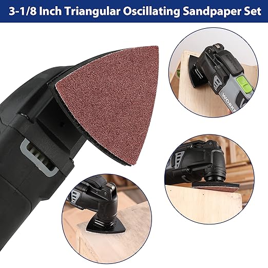 WORKPRO 150PCS Triangle Sanding Pads, 3-1/8 Inch Hook and Loop Fit for Oscillating Multi Tool, 40/60/80/120/180/240 Grit for Sanding, Grinding