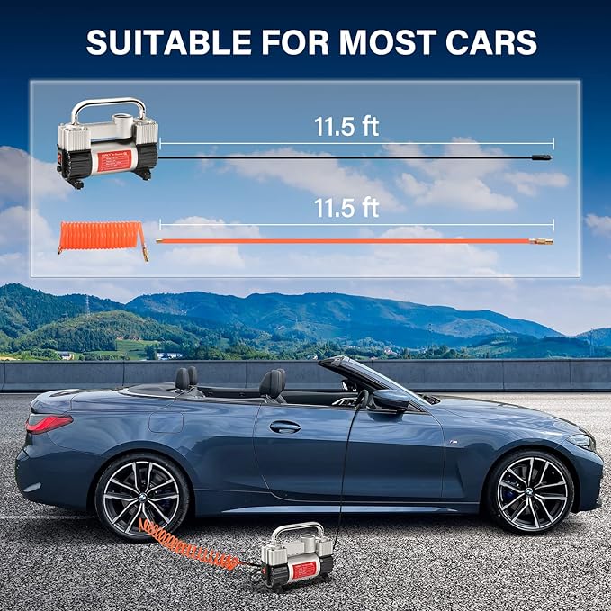 GSPSCN Silver Tire Inflator Heavy Duty Double Cylinders with Portable Bag- Car Accessories，Metal 12V Air Compressor Pump 150PSI with Adapter for Car, Truck, SUV Tires, Dinghy, Air Bed etc