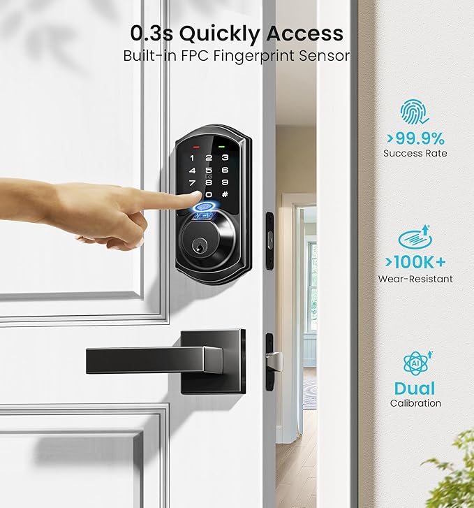 Veise VE07-L Fingerprint Smart Locks for Front Door with 2 Lever Handle Set, App Control, Keyless Entry, Electronic Digital Keypad Deadbolt, Auto Lock, Waterproof, Easy to Install, Matte Black