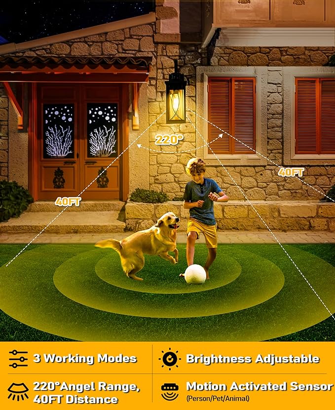 DBF 2 Pack Dusk to Dawn Motion Sensor Outdoor Lights 17.5 Inch, 3 Lighting Mode Exterior Light Fixtures Porch Lights Outdoor Wall Sconces Waterproof Anti-Rust, Black Wall Lanterns for House Front Door