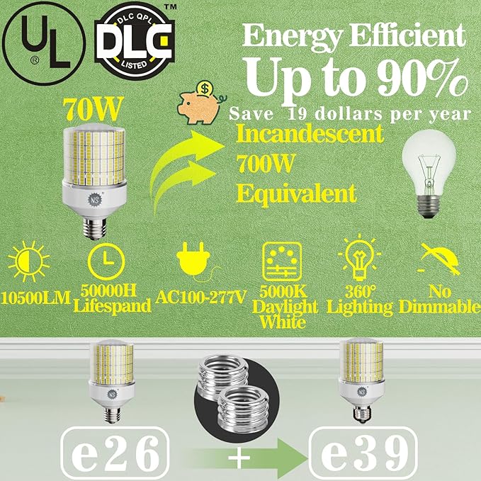 70W 10500LM Corn Bulbs (1-Set) - 90% Energy Saving, IP65 Waterproof, E26/E39, 5000K Daylight, High Bay, ETL/FCC/ROHS/CE Certified, Not Dimmable
