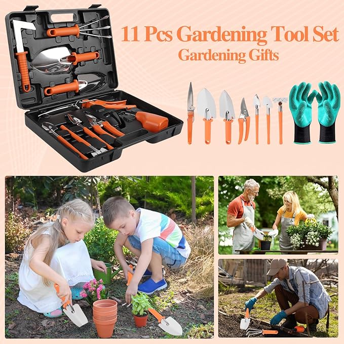 Gardening Tool Set, 11 Pieces Gardening Tools with Carrying Case, Garden Tool Kit for Digging Planting Pruning, Unique Gardening Set with Gloves for Women and Men (Orange)