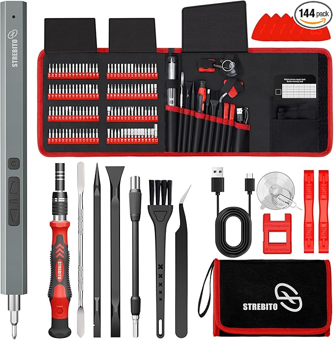 STREBITO Mini Electric Screwdriver Set 144-Piece Electric Precision Screwdriver, 3.7V Power Screwdriver Cordless, Rechargeable Small Electric Screwdriver Kit, PC Electronic Phone RC Drone Repair Tool