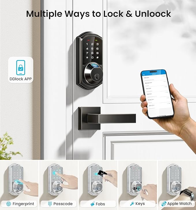 Veise VE07-L Fingerprint Smart Locks for Front Door with 2 Lever Handle Set, App Control, Keyless Entry, Electronic Digital Keypad Deadbolt, Auto Lock, Waterproof, Easy to Install, Matte Black