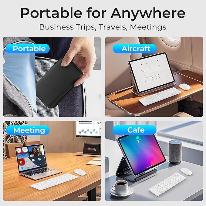 Foldable Keyboard and Mouse, 2.4G Wireless+Dual Bluetooth5.0 Folding Keyboard & Mouse Combos for Business and Travel, USB-C Rechargeable Portable Keyboard Mouse for iPads, Phones, Tablets-White