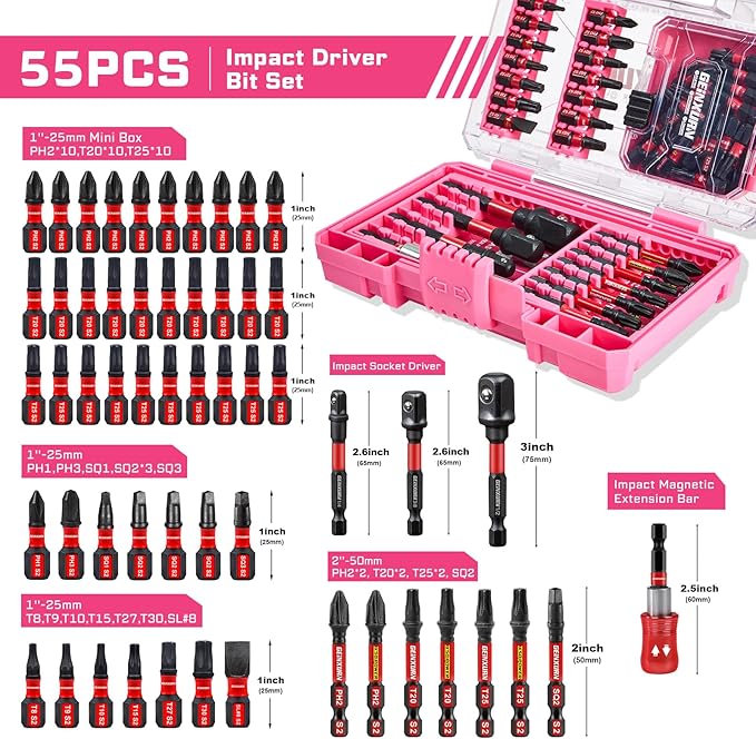 55Pieces Impact Screwdriver Bits Set, Magnetic S2 Steel Phillips/Slotted/Square/Torx Insert Power Bits Tips, Impact Bit Holder and Impact Socket Adapter with Pink Storage Box Case