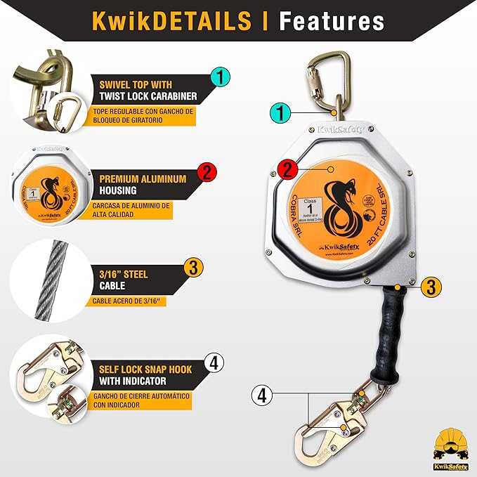 KwikSafety - Charlotte, NC - Cobra 20' Combo [Cable Self Retracting Lifeline + 3FT Cross Arm Strap] Class 1 SRL ANSI OSHA Retractable Fall Arrest Construction Roofing PPE Gear