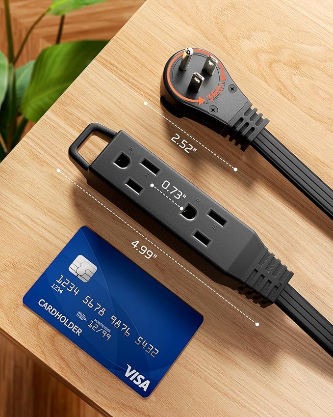 DEWENWILS 10FT Flat Plug Extension Cord, 360° Rotating Plug, 3 Prong Ultra Thin Power Strip, 13A/125V/1625W, 16 Awg Grounded Flat Power Cable for Indoor Narrow Space, SPT-3, ETL Listed, Black