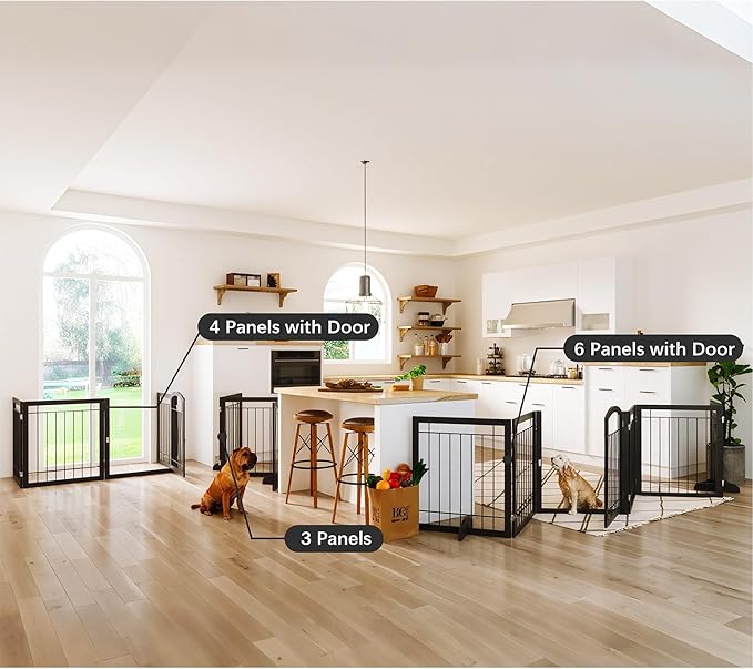 JSB 192-inch Extra Wide 30-inch Tall Dog gate with Door Walk Through,Full Matel Freestanding Pet Gate for Halls, Stairs & Home, Pet Puppy Safety Dog Fence with 4PCS Support Feet (Black)