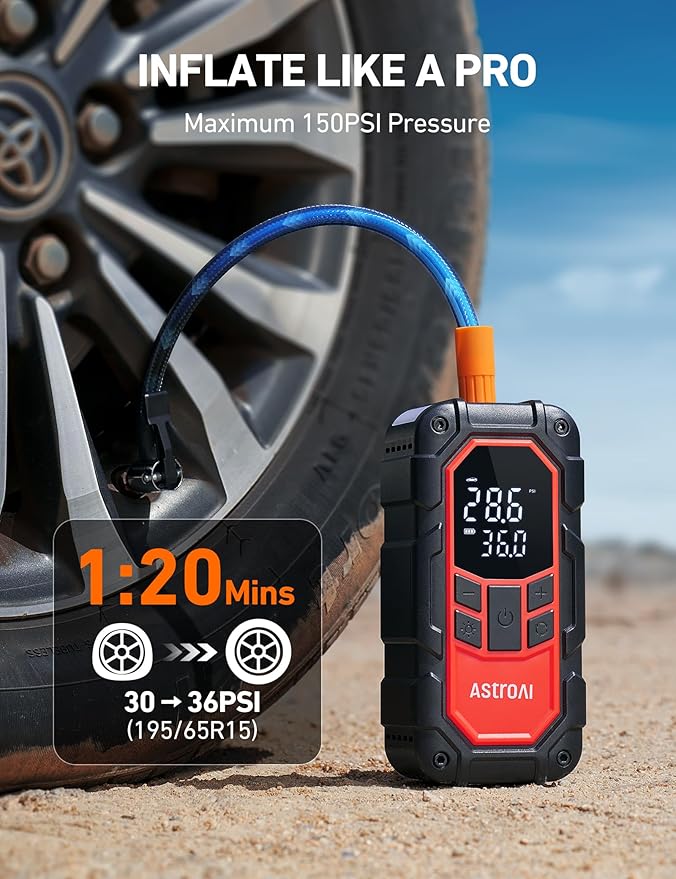 AstroAI S8 Air Nano Jump Starter with Air Compressor, 1500A Peak 150PSI Compact & Portable Car Battery Booster (6.0 Gas/3.0L Diesel Engine), 12V Super Safe Lithium Jump Box, Tire Pump, Lights (Red)