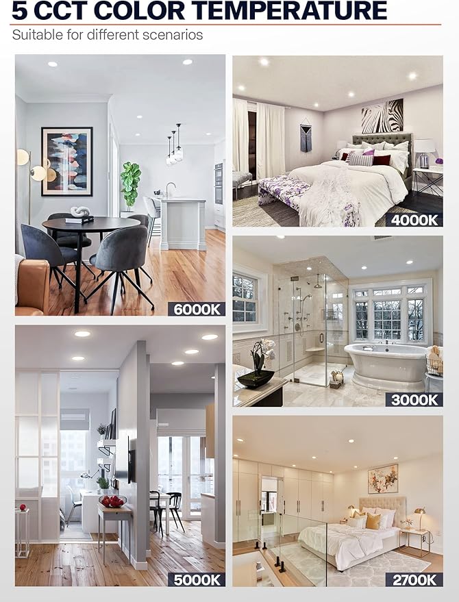 24 Pack 5/6 Inch Black LED Can Lights Retrofit Recessed Lighting, 5CCT 6 Inch Recessed Lights Selectable 2700K-6000K Dimmable, 12W=75W, 1200LM Downlight with Metal Smooth Trim-ETL and Energy Star