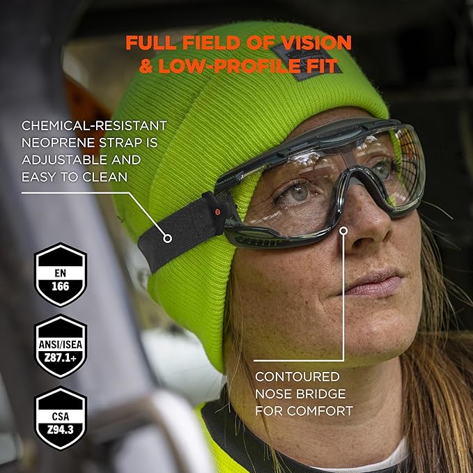 Ergodyne Skullerz Arkyn Protective Dust Safety Goggle, Non-Vented, Anti Fog, Scratch Resistant, Adjustable Neoprene Strap