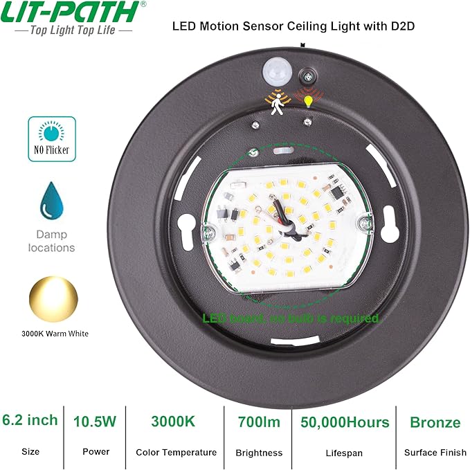 LIT-PaTH LED Flush Mount Ceiling Light, Closet Lighting Fixture with Motion Sensor and Dusk to Dawn, 10.5W, 800 Lumen, 6.2 Inch, Anti-Rust Galvanized Housing, Bronze Finish 3000K 2-Pack