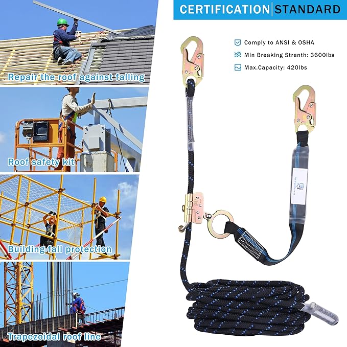 50FT Vertical Lifeline Assembly with Alloy Steel Anti-Panic Rope Grab Snap Hook Shock Absorb Lanyard, Fall Protection Rope Safety Climbing Equipment Roofing Safety Kit, CE ANSI OSHA Rated