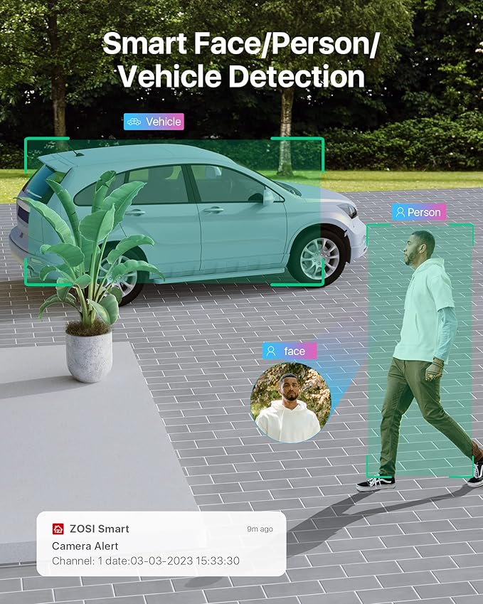 ZOSI 4K PoE Security Camera System with AI Face Person Vehicle Detection, 4 x 5MP 3K Outdoor Auto Tracking PT PoE Camera with 5X Digital Zoom, 2-Way Audio, 8CH 8MP NVR with 2TB HDD (16CH Expandable)