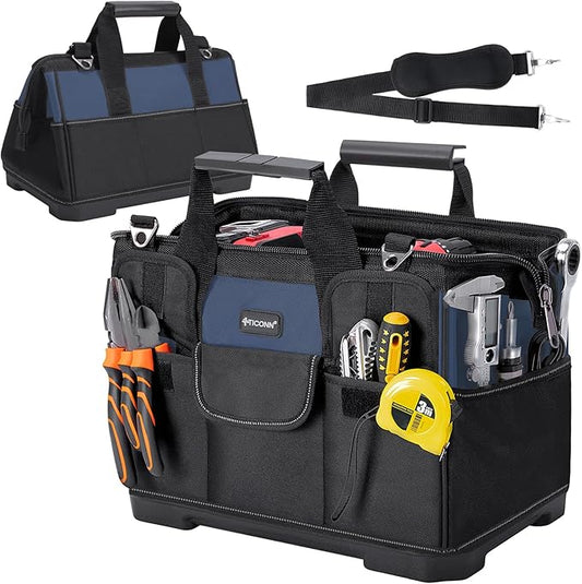 TICONN Heavy Duty Tool Bag with Multi-Pockets, Portable Tool Box Organizer Storage Bag, with Adjustable Shoulder Strap and Ergonomic Handle (Blue, 16" Molded Base)
