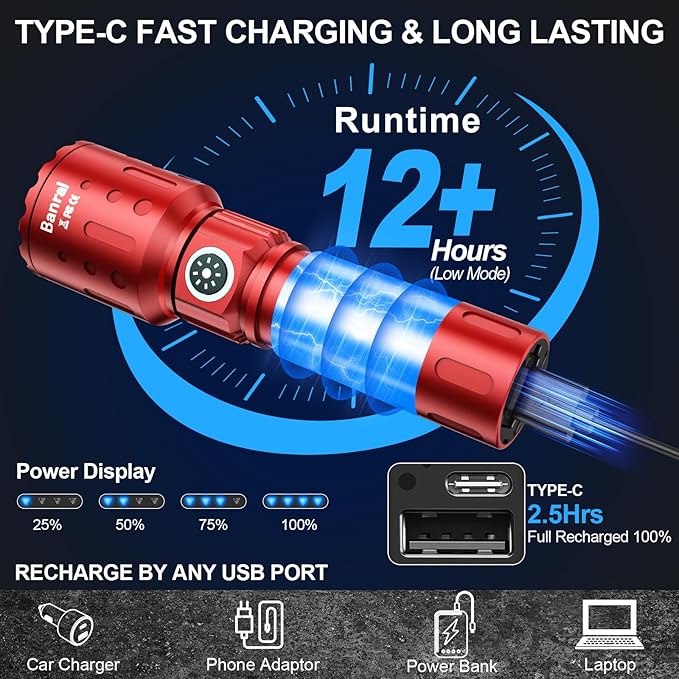 Flashlights High Lumens Rechargeable, Super Bright Long Range Small Powerful Flashlight, 6 Modes LED Tactical Pocket Waterproof Flash Light for Home Emergency (2, Red)