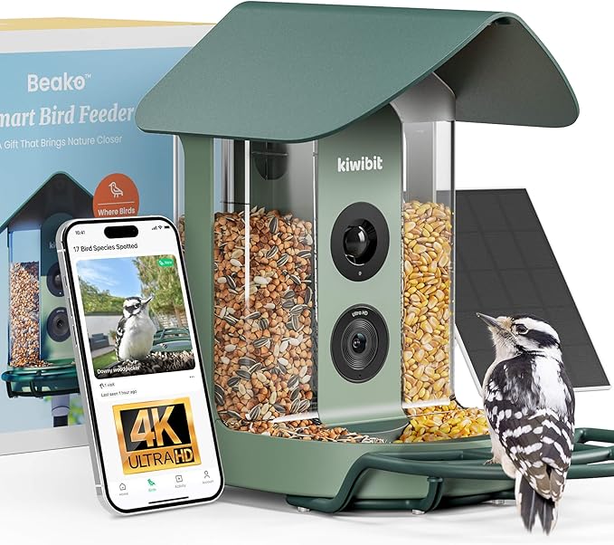 Beako™ Smart Bird Feeder with 4K Camera Solar Powered for Outdoors - UHD Live Stream for Birdwatching, AI Identification 10,000+ Bird Species, Real-Time Motion Detection, Ideal Gift for BirdLovers