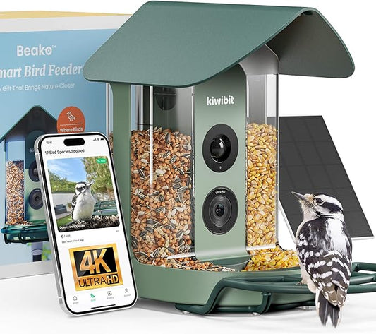 Beako™ Smart Bird Feeder with 4K Camera Solar Powered for Outdoors - UHD Live Stream for Birdwatching, AI Identification 10,000+ Bird Species, Real-Time Motion Detection, Ideal Gift for BirdLovers