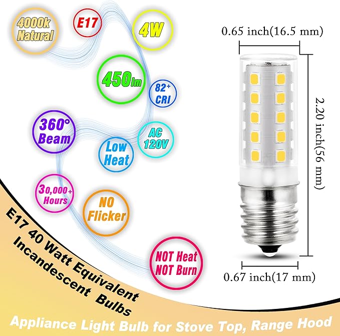 E17 Intermediate Base LED Appliance Light Bulb Over Stove 4 Watt Equivalent 40 Watt 4000K Natural White for Chandelier Ceiling Fan Microwave Range Hood Light Bulbs,Non-Dimmable,450lm,5pack