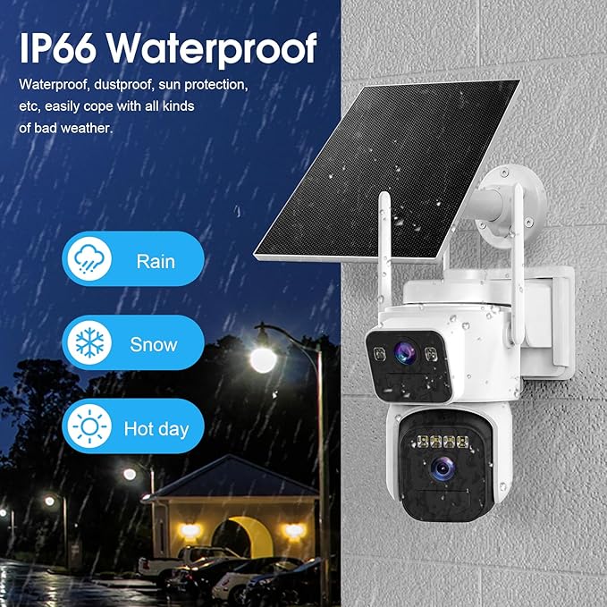 Dual Lens Dual Screen 2K Solar Security Camera Wireless Outdoor 360° View Battery Powered Camera with Spotlight Color Night Vision, PIR Sensor WiFi Home Security System (4G LTE)