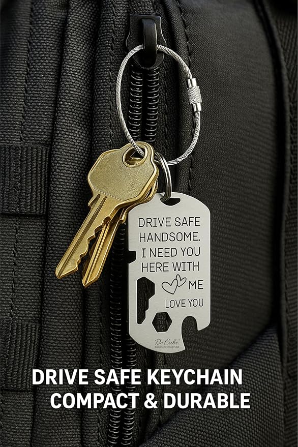 Drive Safe Handsome Keychain Multi Tool | 6-in-1 Stainless Steel EDC Gift for Him | Wrench, Ruler, Bit Driver, Bottle Opener, Wire Stripper & Bender