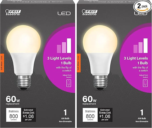 Feit Electric OM60/3DIMCA/LEDI 65W Equivalent IntelliBulb Switch to Dim A19 LED Light Bulb, 2700K Soft White (Pack of 2)
