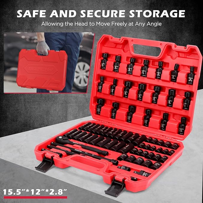 71-Piece 3/8" Drive Master Impact Socket Set, SAE and Metric, 5/16"- 3/4", 8mm - 22mm, Cr-V, Cr-MO, Universal Joint Deep Standard Sockets with Ratchet Handle, Swivel Sockets, Extension Bars, Adapters