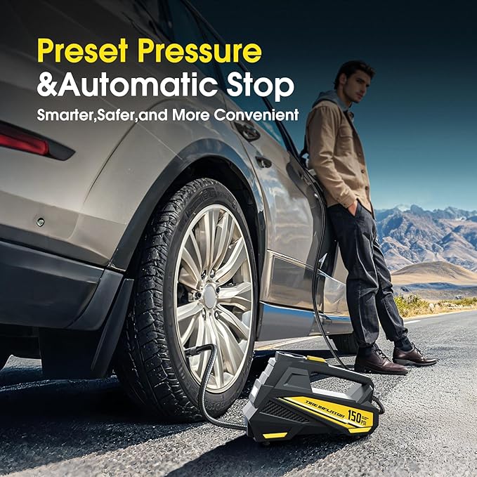 FLYKID Tire Inflator Portable Air Compressor - DC 12V Air Pump for Car Tires with 150PSI LCD Digital Gauge & Emergency LED Light,Auto Tire Pump for Cars,Motorcycles,Bikes,Balls (Large)