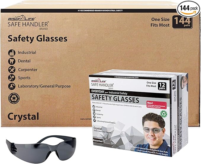 BISON LIFE Full Color Safety Glasses | One Size, Adult, Youth, Full Color Polycarbonate Lens and Temple, BLACK, Pack of 12 (Case of 12 Packs, 144 Pairs Total)