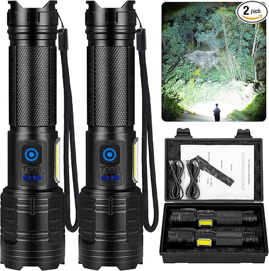 2 Pack Rechargeable Flashlights 90000 High Lumens, Super Bright Flash Light with 7 Lighting Modes, 24 Hours Long Life Powerful Flashlight with Side Light, IPX7 Waterproof Flashlight for Camping Home