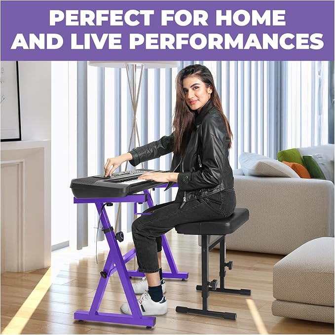 Liquid Stands Portable Heavy Duty Digital Piano Stand & Bench Set - Adjustable Keyboard Music Stand & Seat for 54-88 Key Electric Pianos (Purple)