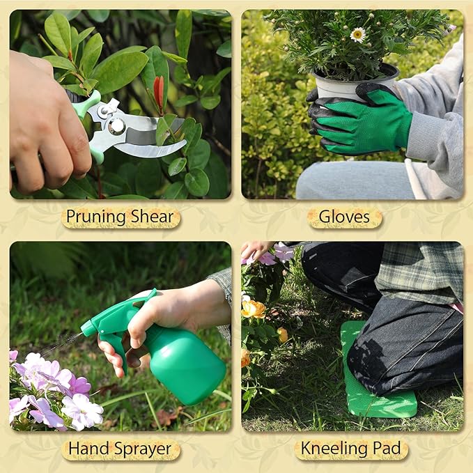 LeMotech Gardening Tools, 10-Piece Heavy Duty Garden Hand Tools Set with Wooden Handle, Durable Fashion Organizer Bag for Garden Supplies, Gardening Gifts for Women Grandmother, Yellow Floral Pattern