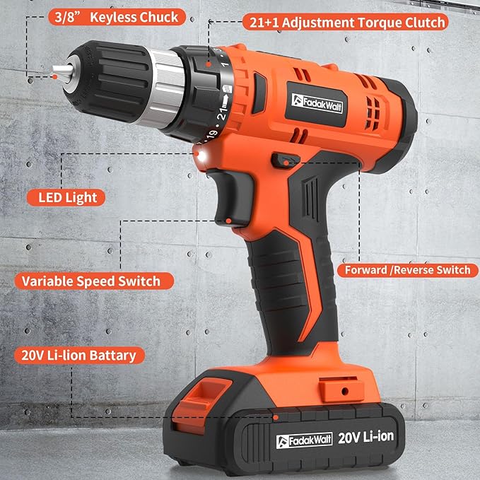20V Electric Power Drill Set, Torque 30N, 21+1 Torque Setting, 3/8-Inch Keyless Chuck, LED Electric Drill Kit, Orange