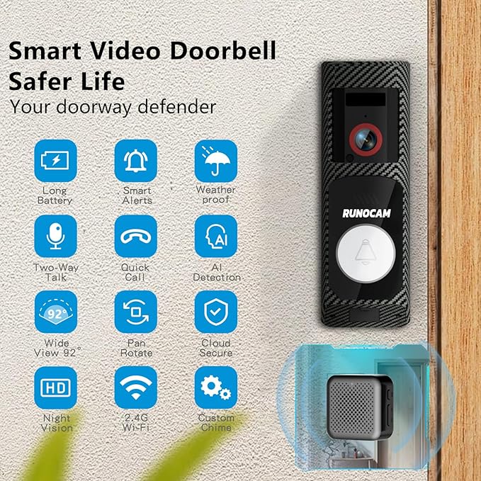 Video Doorbell Camera Wireless with Charm, HD Camera, Real-Time Alerts Ring Call, Pan Rotate, AI Detection, Power Battery, Home Security Apartment Camara para Puerta, 2.4G WiFi, Carbon Fiber