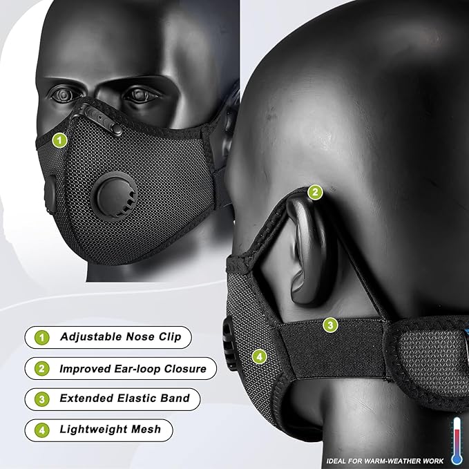 BASE CAMP Upgrade M Plus Mesh Silver and Black Dust Mask, Breathable Reusable Dust Face Mask with Valves and 6 Activated Carbon Filters (2 Silver)