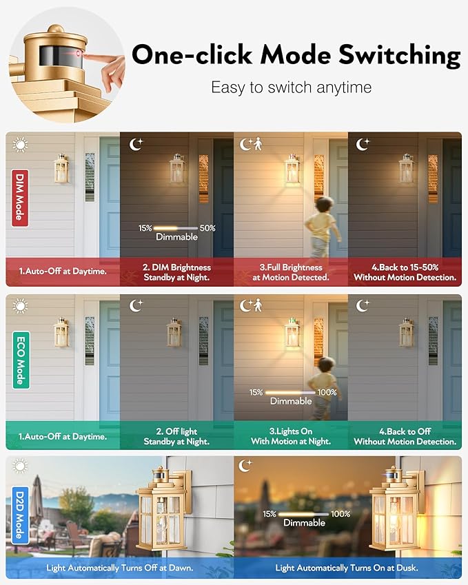 VIANIS Motion Sensor Porch Lights Outdoor, Gold Dusk To Dawn Outside Light Fixtures for House, Modern Exterior Garage Lights Wall Mount Sconce for Front Door Patio with Tempered Seeded Glass Anti-Rust