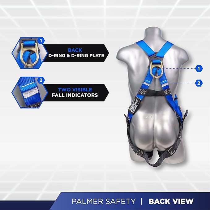 Palmer Safety Full Body Construction Harness with 5 Point Adjustment, 1D-Ring, Tongue Buckle