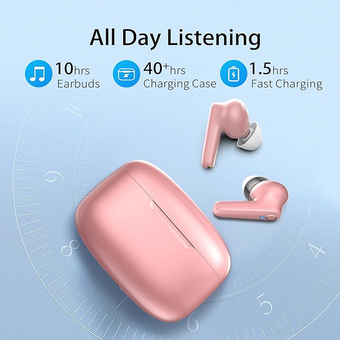 Wireless Ear Buds Bluetooth 5.3 60H Using Time Headphones Deep Bass Clear Call Earbuds with Built-in Mic Touch Control Lightweight Headsets for Studying Working Gaming Pink