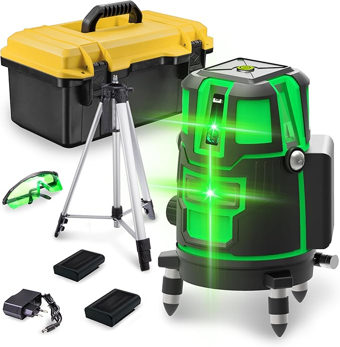 5 Lines Laser Level Tool 360 Self Leveling Precision Cross Line with Tripod, Indoor & Outside Green Laser Level with 2 Batteries & Toolbox for Picture Hanging, Tile Leveling