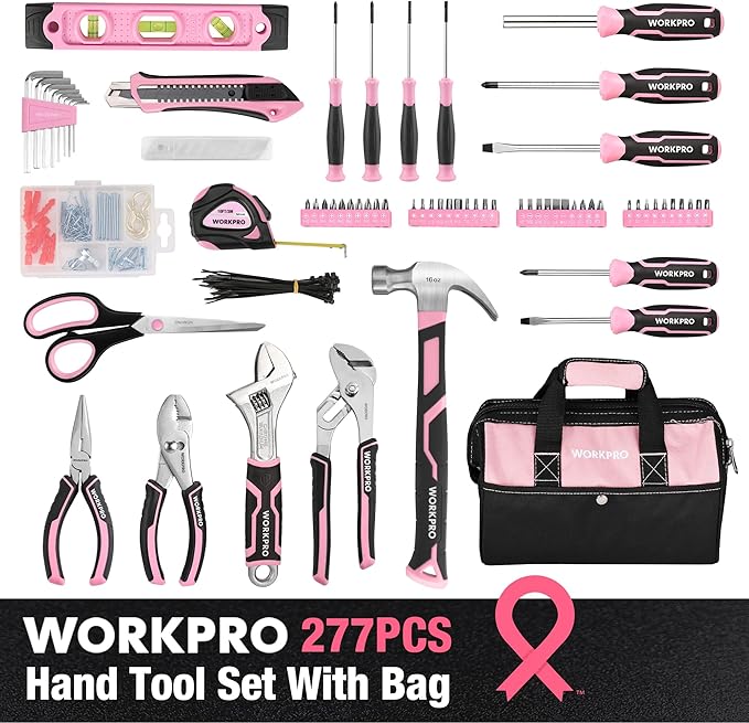 WORKPRO Pink Tool Set, 277 PCS Home Repairing Tool Kit, Pink Tool Bag with 13-Inch Wide Mouth Open Storage Bag, Portable Home Tool Kit Including Hammer, Screwdriver, and Household Tools - Pink Ribbon