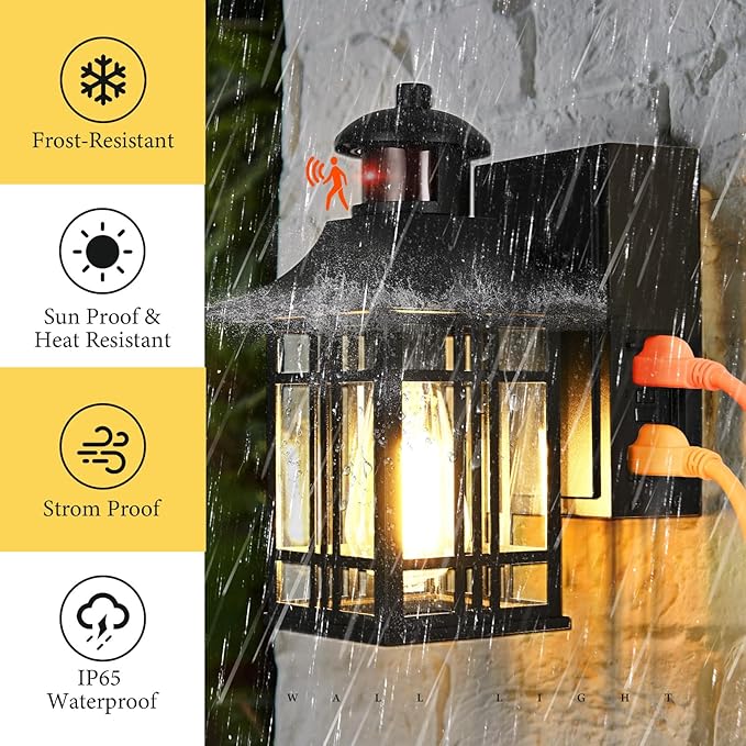 Motion Sensor Porch Light with Outlet, Outdoor Wall Lights Exterior Dawn to Dusk Outdoor Light Fixture with Outlet for House Patio Garage