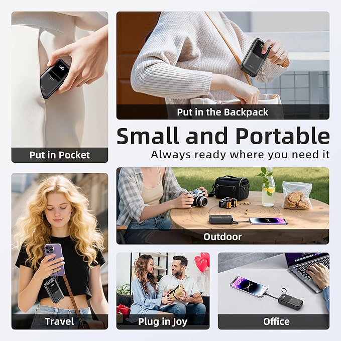 PD 30W Fast Charging Portable iPhone Charger 10 000mAh Mini Size Power Bank with Built in USB C & Lightning Cable, LED Display, Travel Battery Pack for iPhone 16/15/14/13 Series Samsung etc