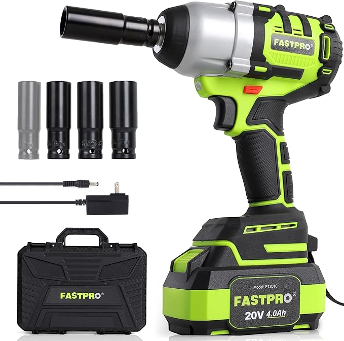 FASTPRO Cordless Impact Wrench, 1/2 Inch Brushless Impact Gun (500N.M) with 4.0 Ah Battery & Charger, Includes 4 Sockets and Storage Case – Ideal for Automotive and DIY Projects