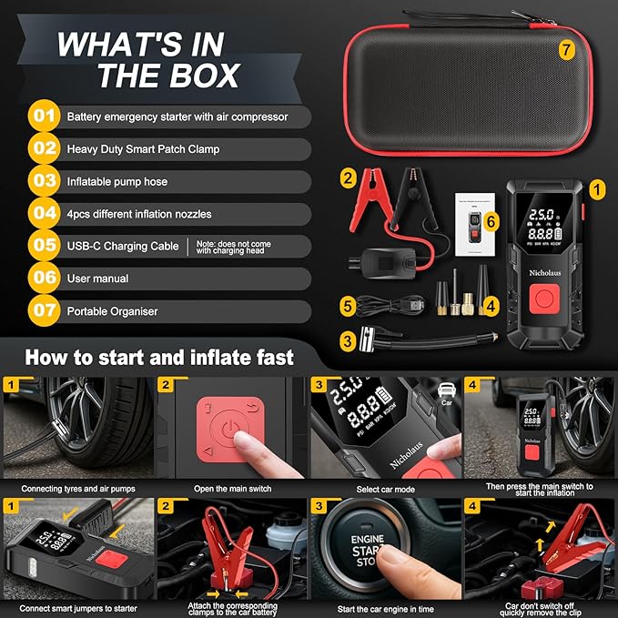12 V Car 8000 mAh Battery Jump Starter 2800A with 150psI Air Compressor, Safe Smart Light and Practical Edition QB08L, Portable Jump Box and Charger for 6.0L Gas and 3.0L Diesel Engines.