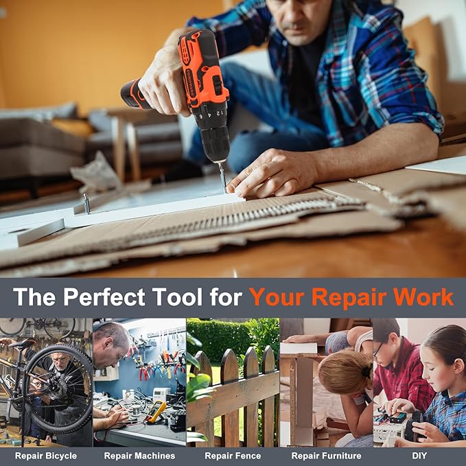 COMOWARE Cordless Drill Set, 12V Power Drill with Battery & Charger, 3/8" Keyless Chuck, 23Pcs Driver Bits Orange Storage Bag included