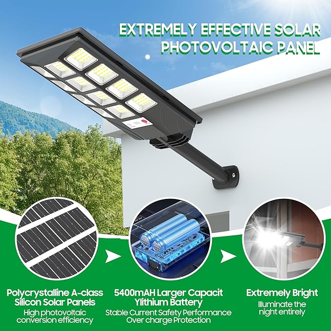 Kifflux Solar Lights Outdoor Waterproof - Solar Street Lights Outdoor Dusk to Dawn, 6500K Powered Security Flood Light with Motion Sensor, Wide Angle Parking Lot Light for Outside, Yard(2 Pack)